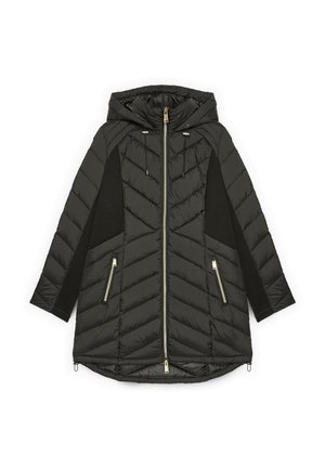 Giacca a vento nera con cappuccio, caratterizzata da un design a righe a zig-zag, pannelli laterali in maglia e due tasche frontali con zip in hardware dorato.