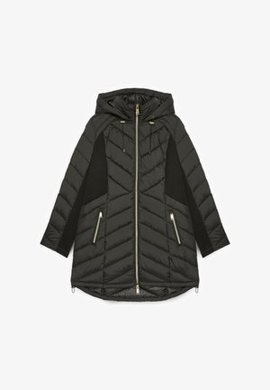 Schwarz gefütterte Jacke mit Kapuze, mit einem Chevron-steppdesign, gestrickten Seitenpaneelen und zwei vorderen Reißverschlusstaschen mit goldenen Beschlägen.