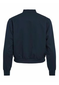 Veste bomber bleu marine avec un col et des poignets côtelés, présentant une taille ajustée et une texture de tissu lisse. Vue arrière montrée.