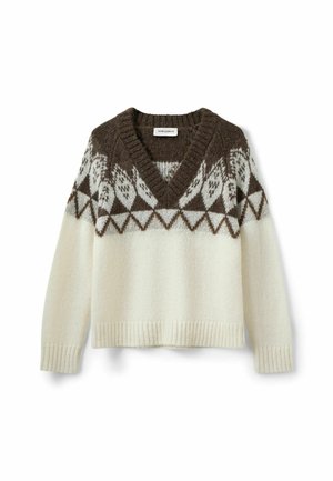 Pull en laine à col en V avec corps crème et motif géométrique marron autour des épaules et du col, manches longues, poignets et ourlet côtelés.