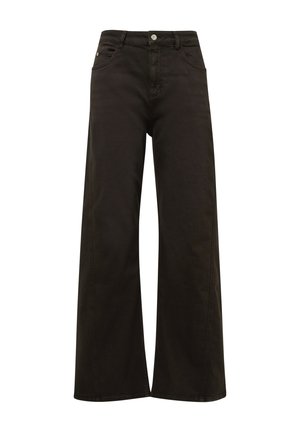 Jeans neri a gamba larga realizzati in denim, caratterizzati da una vita alta, chiusura con bottone e design classico a cinque tasche con cuciture visibili.