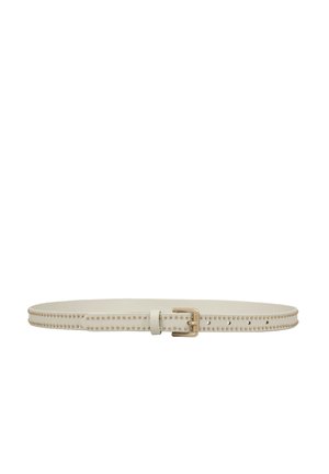 White leather belt with gold-tone studs along the edge, featuring a rectangular metal buckle and a smooth texture.