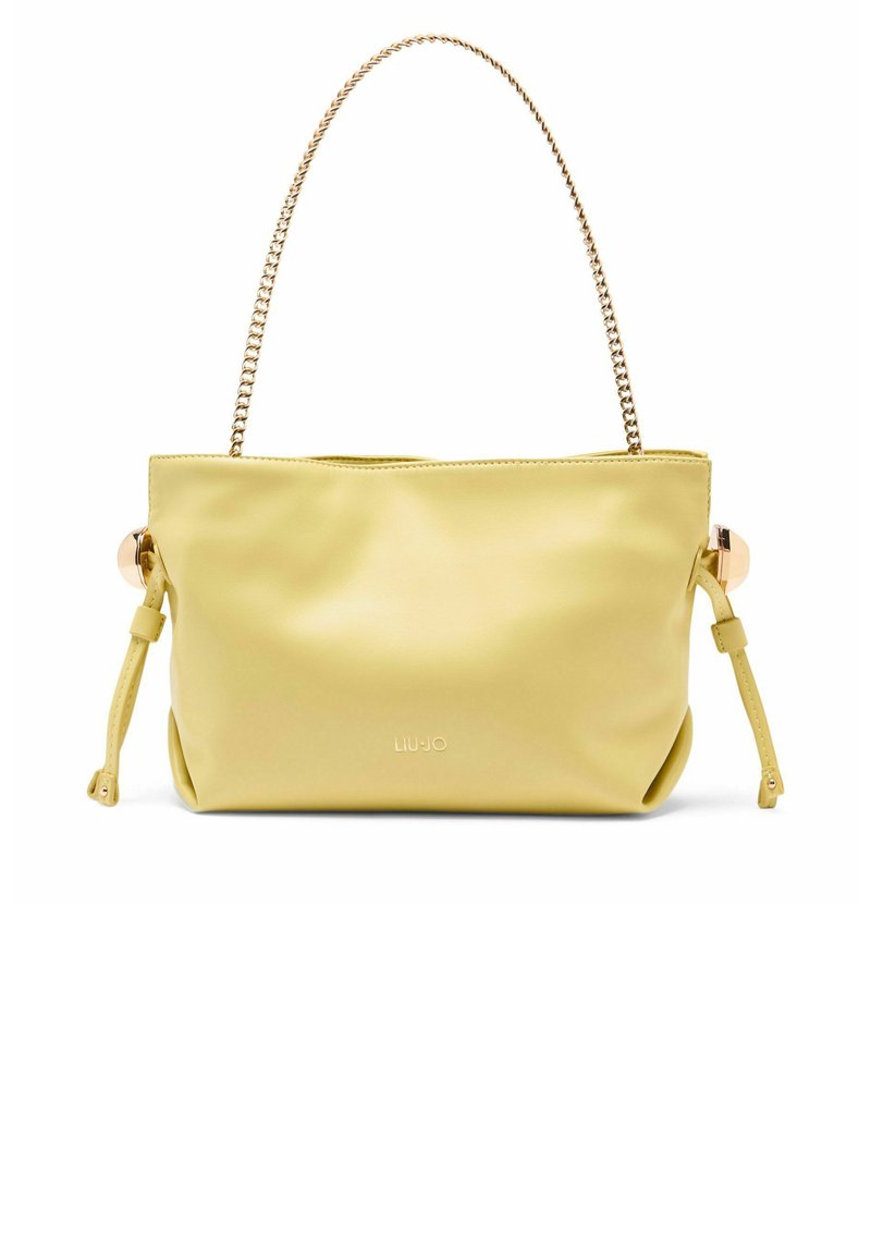 Gul syntetisk håndtaske med kædestrop og hardware i guldtoner. Har en glat overflade, justerbar strop og brandlogoet på fronten.