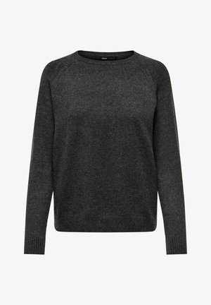 Pull gris foncé en maille à manches longues avec encolure ronde, poignets et ourlet côtelés, tissu d'épaisseur moyenne.