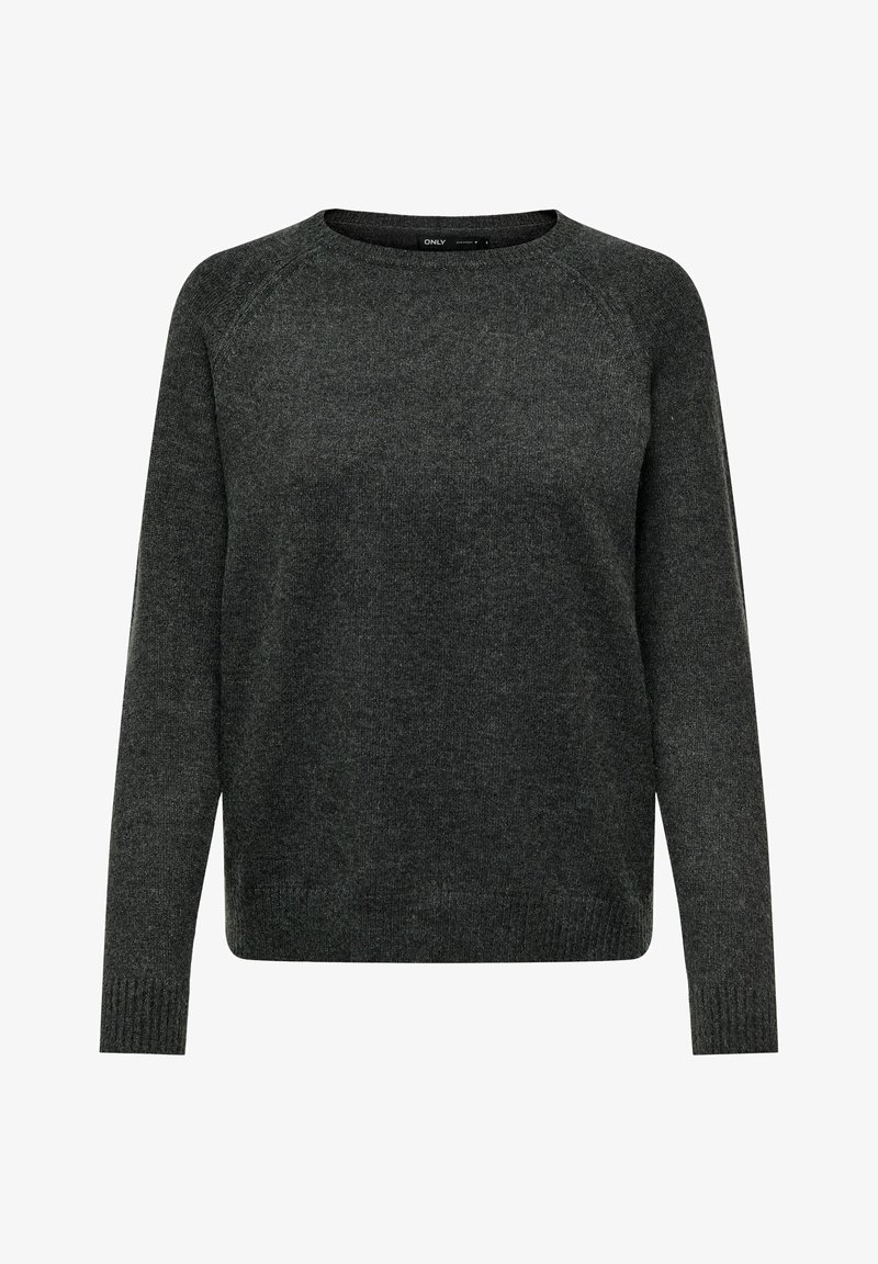 Pull gris foncé en maille à manches longues avec encolure ronde, poignets et ourlet côtelés, tissu d'épaisseur moyenne.