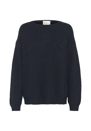 Suéter de punto azul marino con un escote amplio, diseño de corte holgado, textura de punto acanalado y mangas largas, con un largo ligeramente corto.