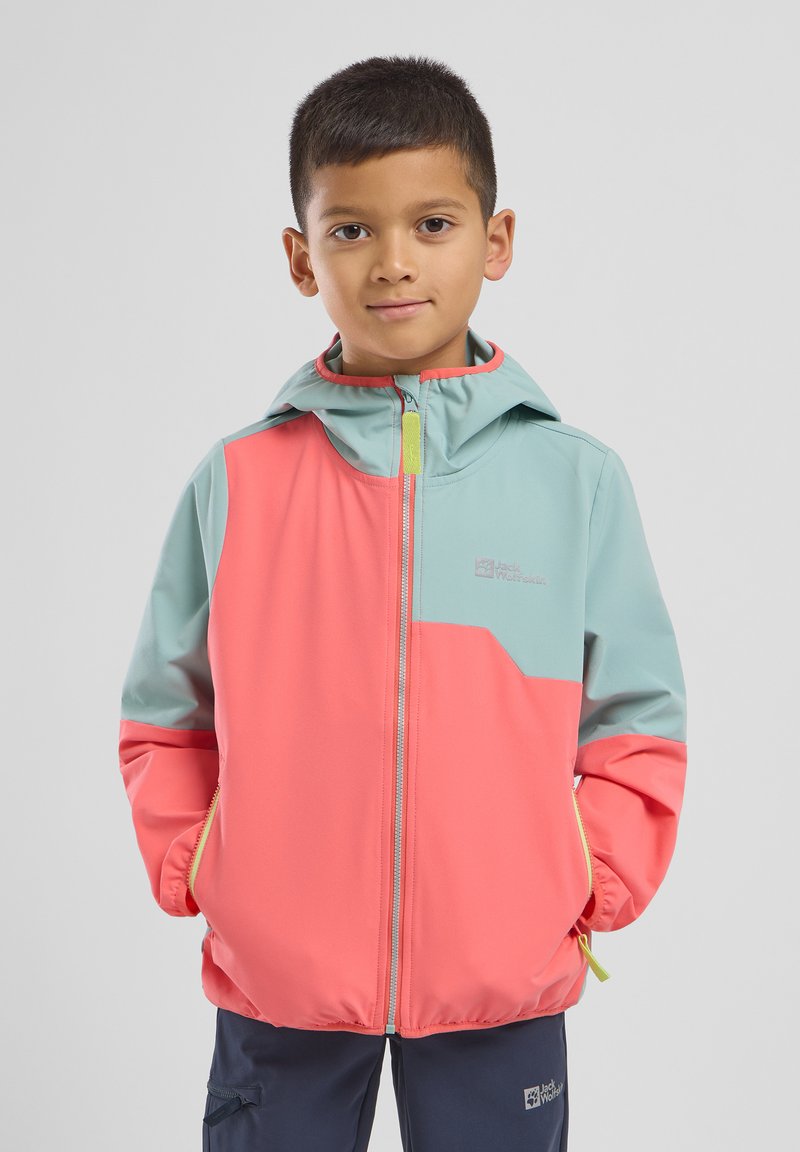 Bunte Kinderjacke mit einem türkis- und korallenfarbenen Design, Reißverschluss vorne, Kapuze und elastischen Bündchen. Hergestellt aus einem leichten Material.