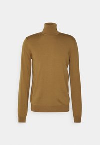 Bruine coltrui gemaakt van zacht gebreid materiaal, met lange mouwen en geribbelde afwerking bij de kraag en onderrand, gladde textuur en aansluitend ontwerp.