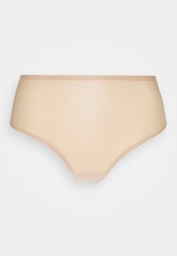 Beige high-waisted brief made of smooth fabric, featuring a wide waistband and seamless edges for comfort and a streamlined silhouette.