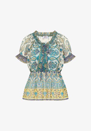 Leichte Bluse im mehrfarbigen Blumenmuster. Sie hat einen gerafften Ausschnitt, kurze Puffärmel mit gewelltem Saum und eine taillierte Taille.