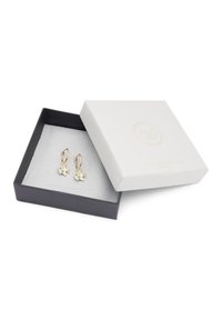 Pendientes en forma de pez en tono dorado dentro de una caja de joyería en blanco y negro con una tapa texturizada y un interior suave en gris.