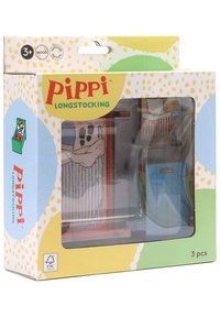 Houten Pippi Langkous speelset in een kleurrijke doos. Bevat twee figuren en meubels. Kenmerkt zich door heldere kleuren en speelse patronen.