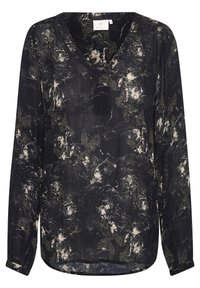 Chemise à manches longues en V, avec un motif éclaboussé abstrait noir, vert foncé et blanc, taille moyenne, étiquette de marque visible à l'intérieur du col.