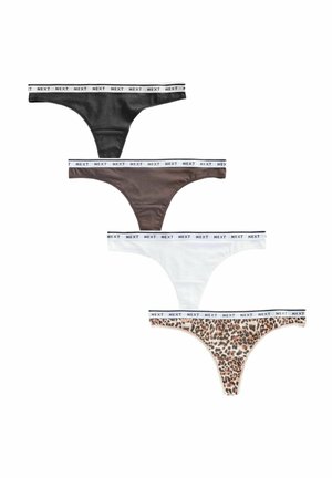 Quatre strings femme en noir, marron, blanc et imprimé léopard, chacun avec une ceinture blanche étiquetée "NEXT" en texte noir.