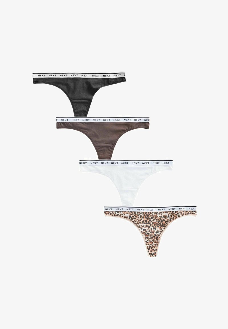 Quatre strings femme en noir, marron, blanc et imprimé léopard, chacun avec une ceinture blanche étiquetée "NEXT" en texte noir.
