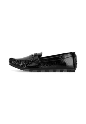 Black shiny leather loafer with a moc toe design and rubber sole, shown in side profile on a white background.