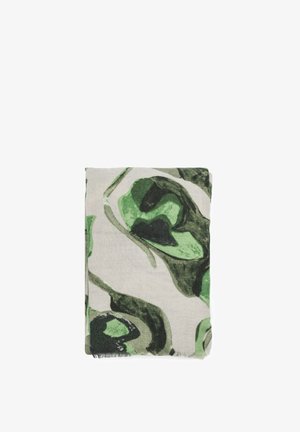 Sciarpa verde e beige con un motivo astratto ondulato, realizzata in morbido tessuto con bordo frangiato. Misura rettangolare quando piegata.