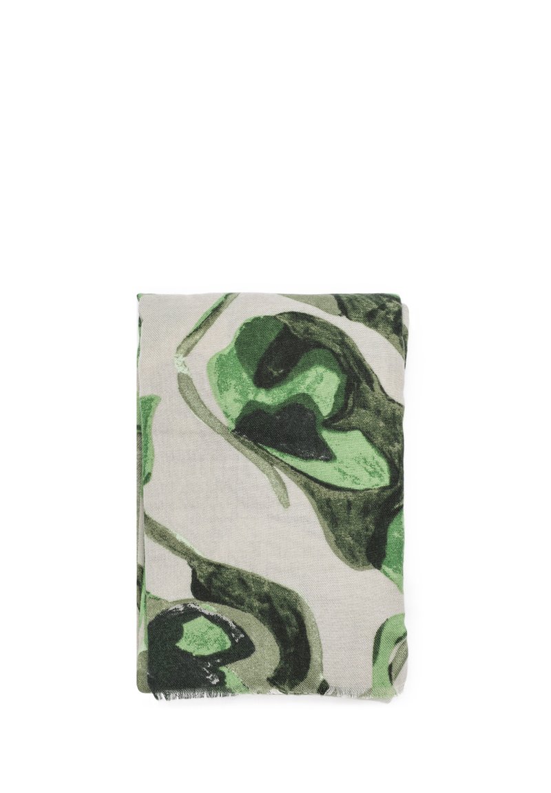 Sciarpa verde e beige con un motivo astratto ondulato, realizzata in morbido tessuto con bordo frangiato. Misura rettangolare quando piegata.