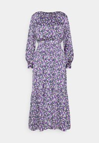 Květinové maxi šaty s nabíranými dlouhými rukávy, vysokým pasem a vrstvenou sukní. Materiál je převážně fialový s bílými a žlutými květy.