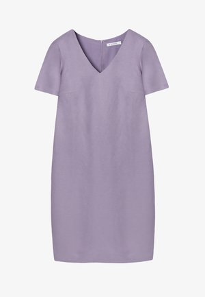 Lühikeste varrukatega, lavendlivärvi V-kaelusega kleit, tagaküljel tõmblukuga, sirge lõikega, põlveni ulatuv, minimalistlik disain.