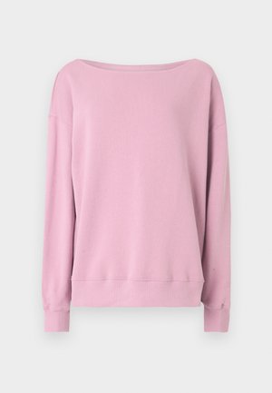 Rožinės spalvos ilgomis rankovėmis megztinis su plačiu iškirpimu, laisvo silueto, su ribomis rankogaliuose ir apačioje. Pagamintas iš minkštos, tekstūruotos medžiagos.