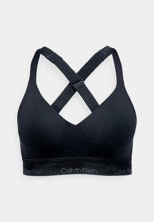 Bralette preto com decote em V, alças cruzadas nas costas e uma faixa elástica com logótipo. Feito de material elástico para conforto e suporte.