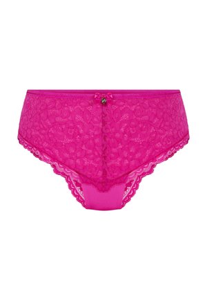 Fuchsiakleurige kanten slip met bloemmotief, geschulpte randen en een decoratieve strik met zilveren accent aan de achterkant.