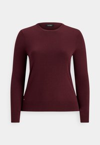 Μακρυμάνικη πλεκτή μπλούζα σε μπορντό χρώμα με στρογγυλή λαιμόκοψη και ριγέ τελειώματα στις μανσέτες και το τελείωμα, σε λευκό φόντο.
