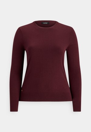 Bordo dugi džemper od pletenine s okruglim izrezom i rebrastim manšetama i rubom, prikazan na bijeloj pozadini.