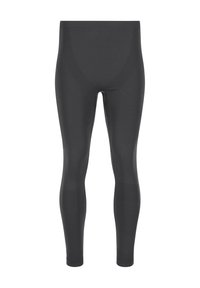 Schwarze nahtlose Leggings in voller Länge mit elastischem Bund und enganliegenden Bündchen an den Knöcheln, auf weißem Hintergrund dargestellt.