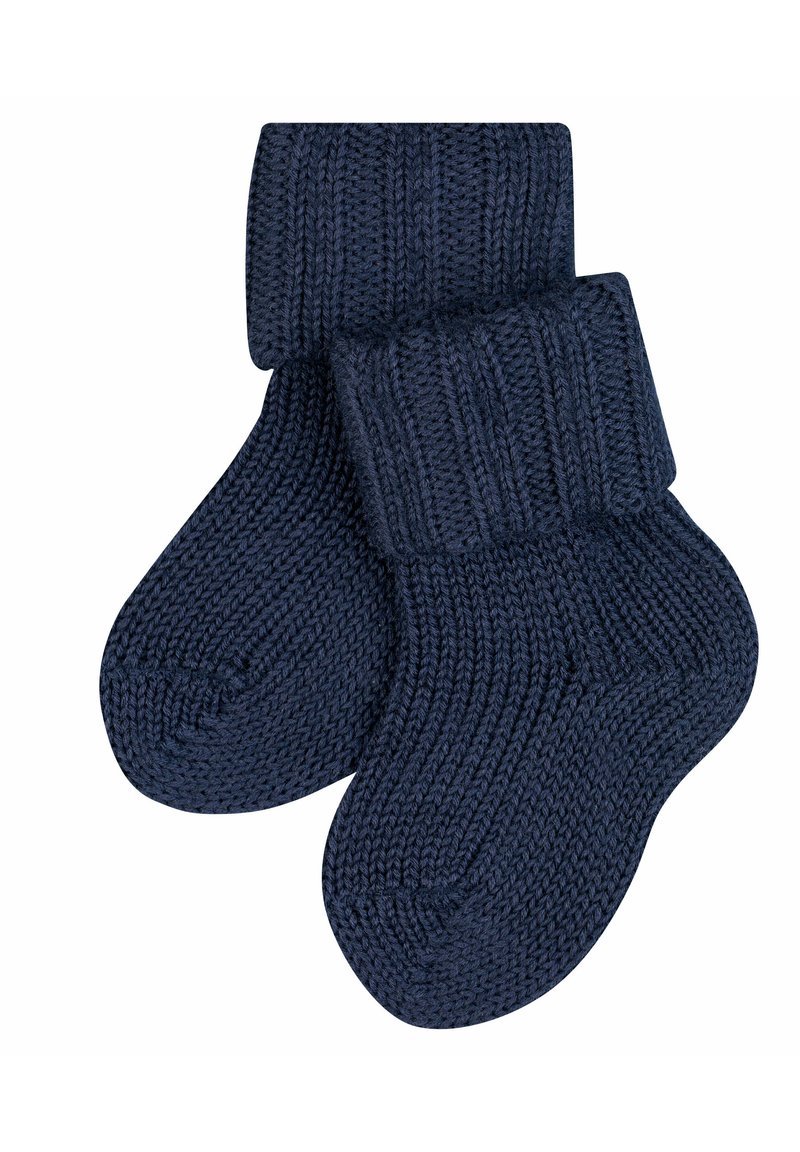 Marineblau gestrickte Socken mit geripptem Bündchen, die eine glatte, strukturierte Oberfläche und eine abgerundete Zehe aufweisen. Entworfen für Wärme und Komfort.