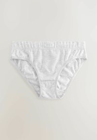 Grijze katoenen slip met een tailleband met drie kleine hartpictogrammen. Zachte textuur en eenvoudig ontwerp met een middelhoge bedekking.