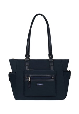 Borsa tote blu navy realizzata in tessuto resistente, dotata di manici doppi, un compartimento principale con zip e una tasca frontale con zip.