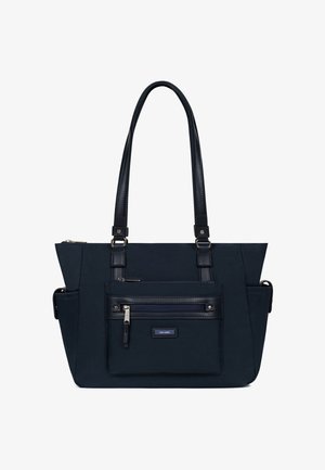 Sac fourre-tout bleu marine en tissu résistant, doté de double poignées, d'un compartiment principal zippé et d'une poche avant avec fermeture éclair.
