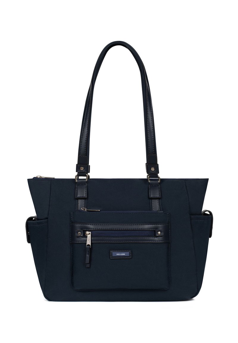 Borsa tote blu navy realizzata in tessuto resistente, dotata di manici doppi, un compartimento principale con zip e una tasca frontale con zip.