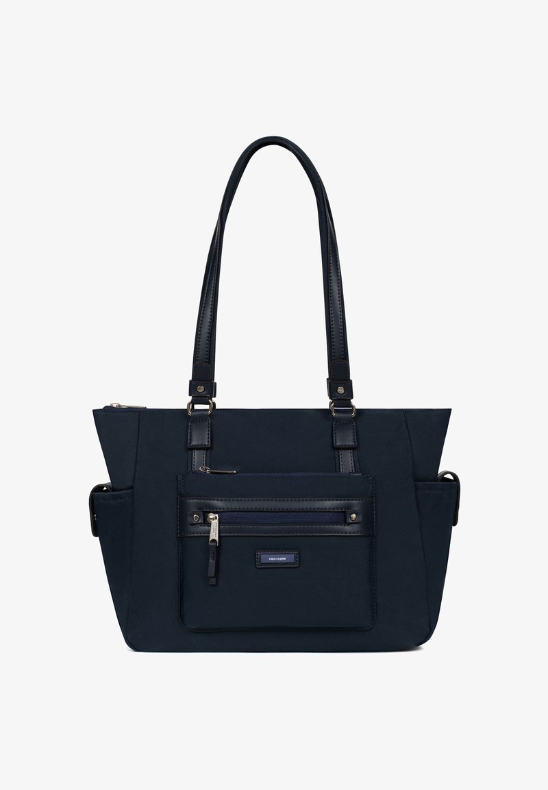 Borsa tote blu navy realizzata in tessuto resistente, dotata di manici doppi, un compartimento principale con zip e una tasca frontale con zip.