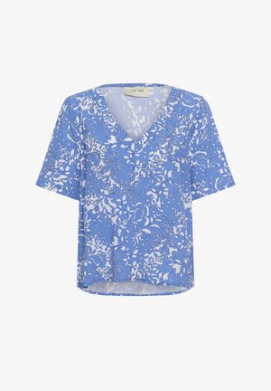 Modra bluza s kratkimi rokavi z belim cvetličnim vzorcem in V-izrezom, na etiketi ovratnika označena z napisom "CREAM".