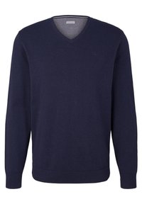 Marineblauer V-Ausschnitt-Pullover aus weichem Strickstoff, mit gerippten Bündchen und Saum sowie einem dezenten Logodetail auf der Brust.