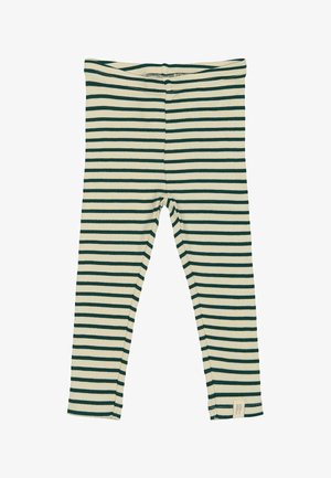 Leggings a coste in crema con strisce orizzontali verde scuro. Caratterizzati da un design aderente e una vita elasticizzata. Etichetta del marchio visibile all'orlo.