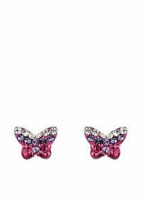 Orecchini a perno a forma di farfalla con gemme rosa, viola e trasparenti. Retro in metallo liscio con dettagli brillanti di strass.