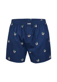 Boxer da uomo blu navy con vita elasticizzata, apertura con bottoni e motivo a ripetizione di anatre con testa verde.