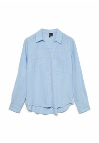 Chemise bleu clair à manches longues avec un devant à boutons, deux poches poitrine et un ourlet légèrement arrondi. Fabriquée dans un tissu léger et texturé.