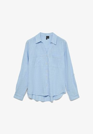 Lichtblauw shirt met lange mouwen, een knoopsluiting aan de voorkant, twee borstzakken en een licht gebogen zoom. Gemaakt van een gestructureerde, lichtgewicht stof.