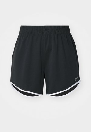 Pantalones cortos atléticos negros con un cinturón elástico, que presentan detalles en blanco a lo largo del dobladillo y un pequeño logo en la parte inferior izquierda frontal.