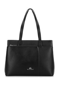 Zwarte leren tote bag met twee handvatten, textuur oppervlak, ritszak en logo-accent aan de voorkant voor detail en branding.