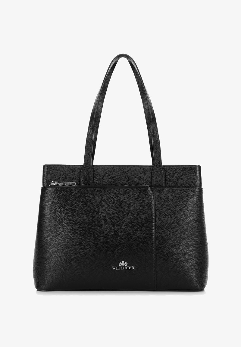 Zwarte leren tote bag met twee handvatten, textuur oppervlak, ritszak en logo-accent aan de voorkant voor detail en branding.