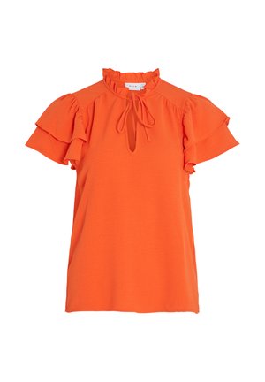 Oranžna kratka majica s kratkimi rokavi, ki ima naguban ovratnik in ključavnico. Ima gladko teksturo in vrvice za prilagoditev.