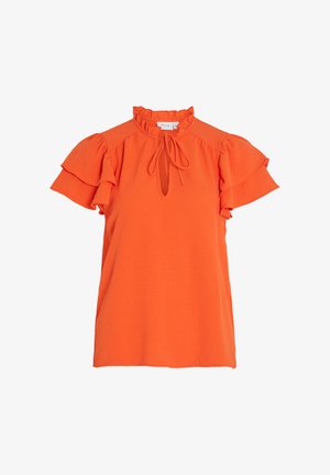 Oranžna kratka majica s kratkimi rokavi, ki ima naguban ovratnik in ključavnico. Ima gladko teksturo in vrvice za prilagoditev.