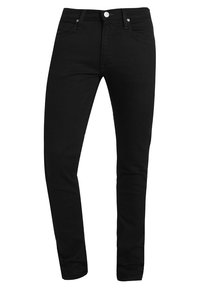 Jean slim noir avec fermeture devant par bouton et zip, passants de ceinture et deux poches avant, présenté sur fond blanc.