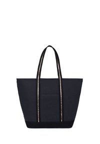 Tote bag van donker stof met een contrasterende zwarte onderkant. Beschikt over twee lange, glanzende metalen handvatten en een voorvak. Eenvoudige, rechthoekige vorm.